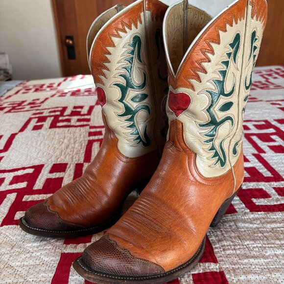 Custom Hammon Cowboy Boots, Women's 8C, PeeWee, Brown & Tan, inlaid tops - Picture 3 of 11